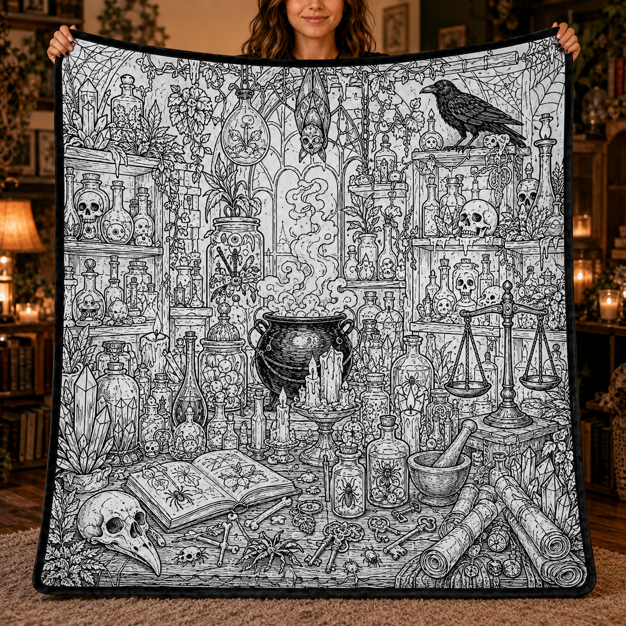 Halloween DIY Coloring Blanket, Black and White Line Art Throw, Ghost Pumpkin Witch Haunted House Coloring Activity Blanket for Kids & Adults, Holiday Gift