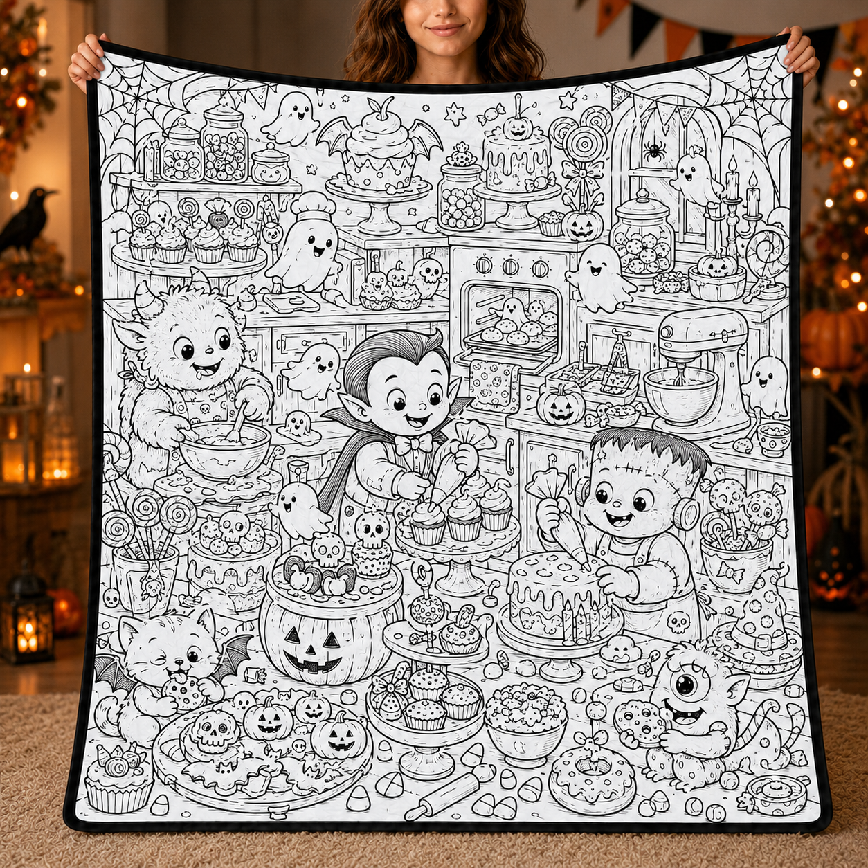 Halloween DIY Coloring Blanket, Black and White Line Art Throw, Ghost Pumpkin Witch Haunted House Coloring Activity Blanket for Kids & Adults, Holiday Gift