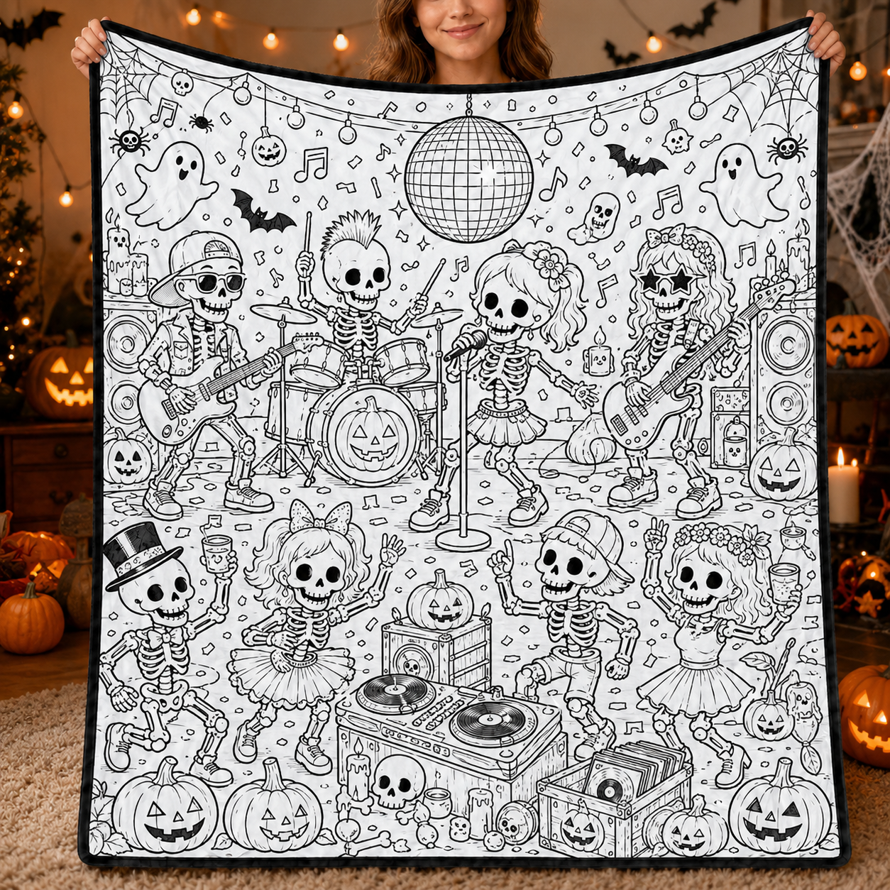 Halloween DIY Coloring Blanket, Black and White Line Art Throw, Ghost Pumpkin Witch Haunted House Coloring Activity Blanket for Kids & Adults, Holiday Gift