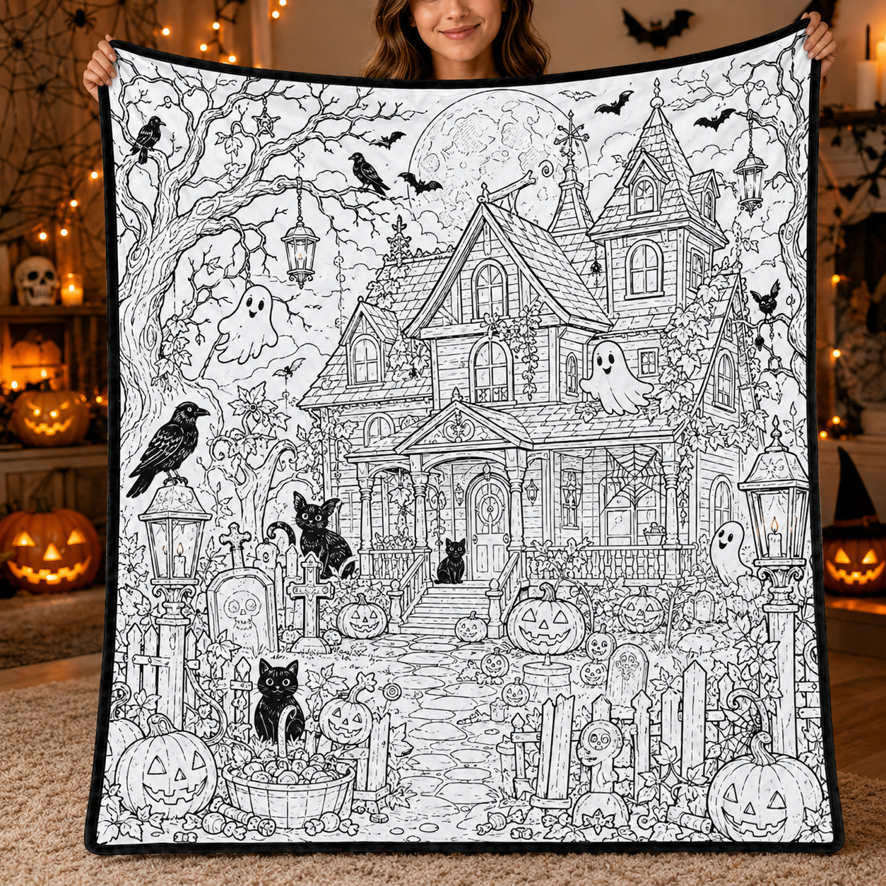 Halloween DIY Coloring Blanket, Black and White Line Art Throw, Ghost Pumpkin Witch Haunted House Coloring Activity Blanket for Kids & Adults, Holiday Gift