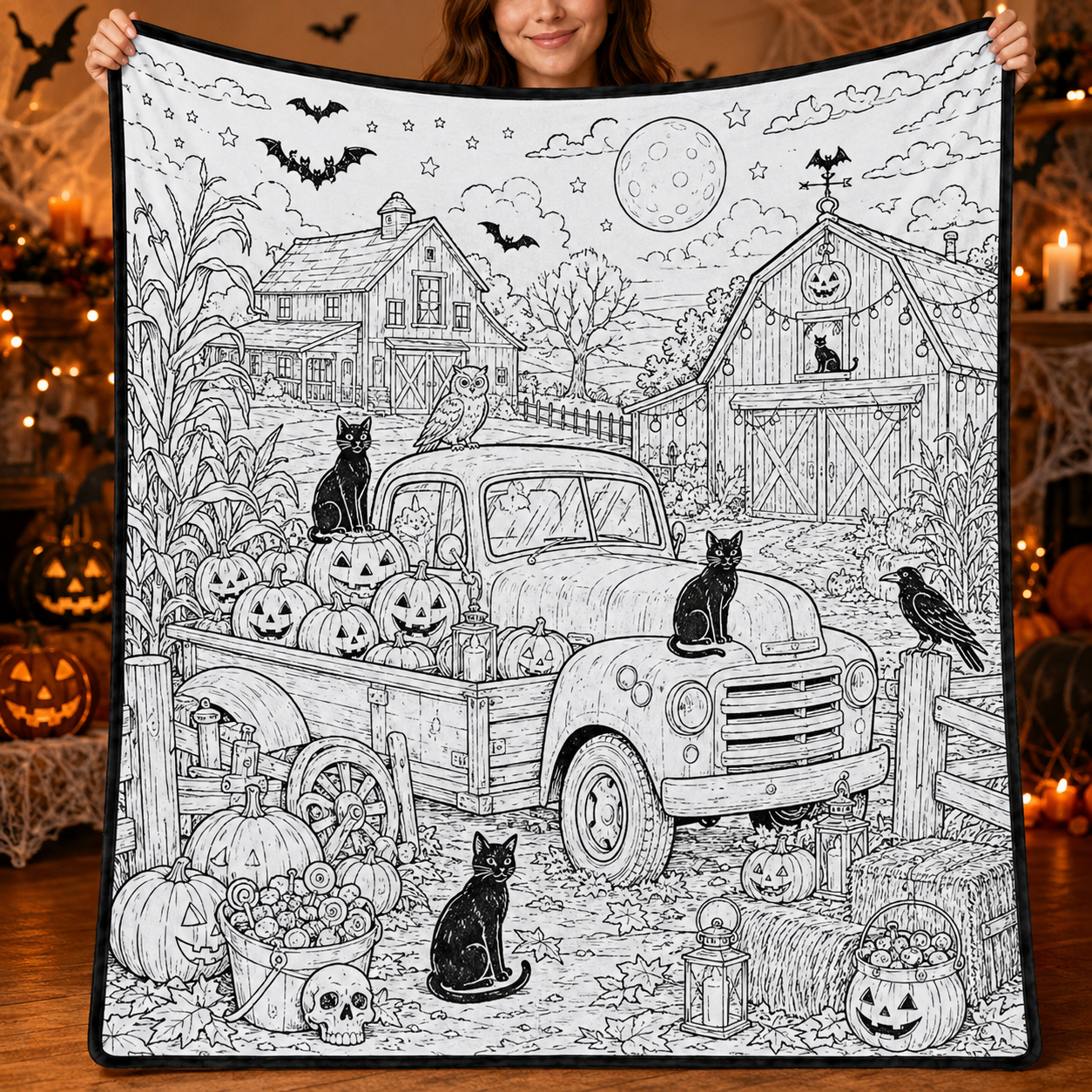 Halloween DIY Coloring Blanket, Black and White Line Art Throw, Ghost Pumpkin Witch Haunted House Coloring Activity Blanket for Kids & Adults, Holiday Gift