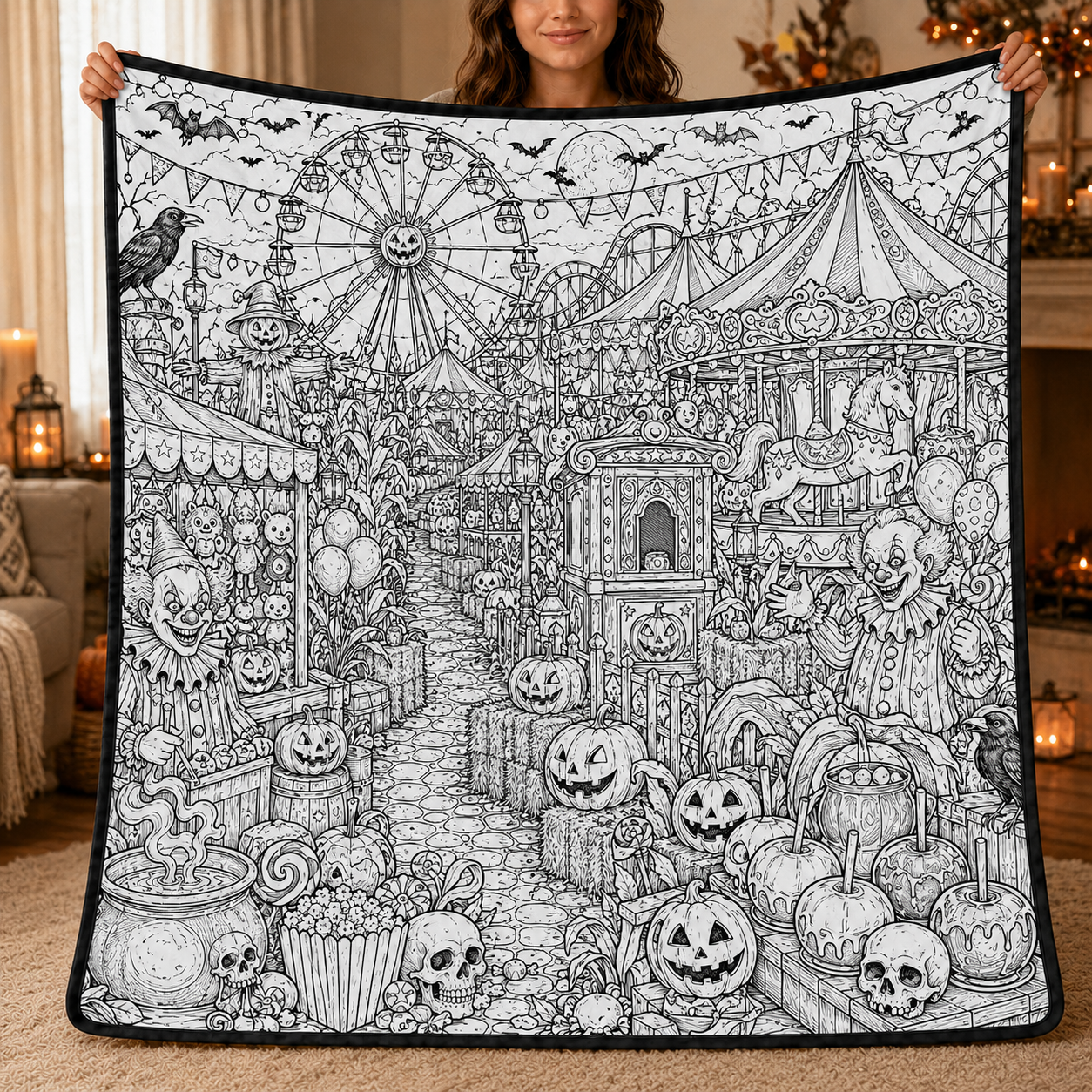 Halloween DIY Coloring Blanket, Black and White Line Art Throw, Ghost Pumpkin Witch Haunted House Coloring Activity Blanket for Kids & Adults, Holiday Gift