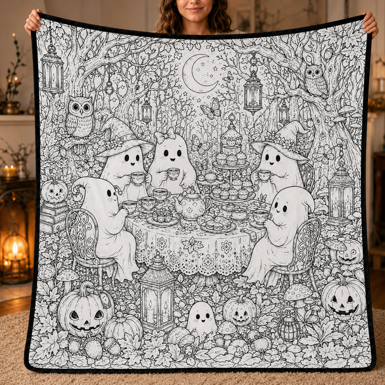 Halloween DIY Coloring Blanket, Black and White Line Art Throw, Ghost Pumpkin Witch Haunted House Coloring Activity Blanket for Kids & Adults, Holiday Gift