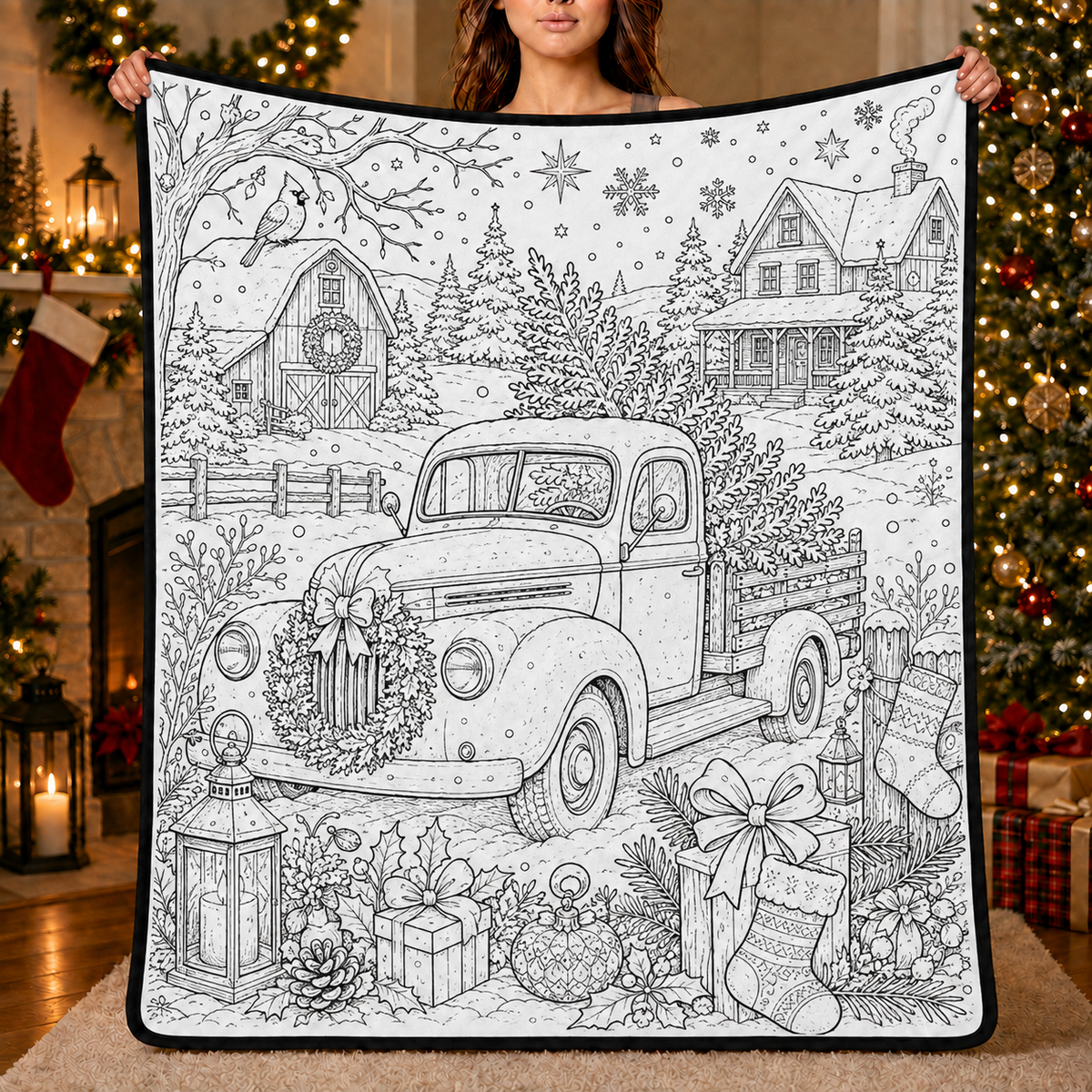 DIY Christmas Drawing Blanket with 24 Colors Markers, Doodle Your Own Xmas Blanket, Customizable Washable Paint Play Blanket for Adults, Kids