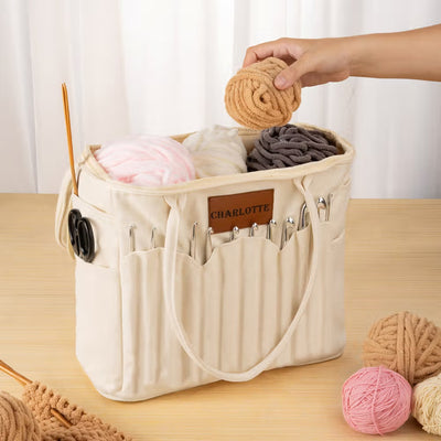 Personalized Monogram Large Canvas Yarn Storage Bag with Needle Pockets and Handle Crochet Knitting Accessories Birthday Gift for Craft Lovers