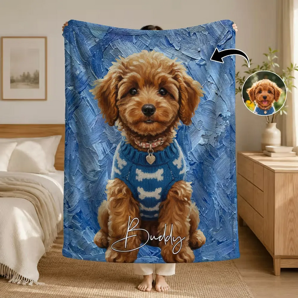 Personalized Oil Painting Style Pet Photo Soft Throw Blanket with Name Home Decor Birthday Pet Memorial Gift for Pet Lovers