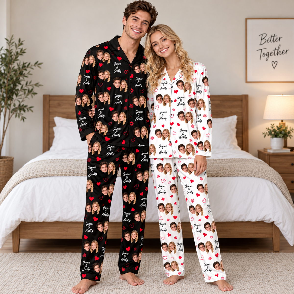 Custom Photo Face Matching Couple Personalized Pajama Set, Sweet Valentine & Anniversary Gift for Couple, Besties, Grandparents