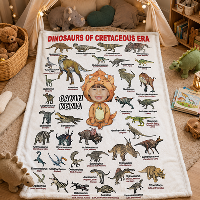 Personalized Cretaceous Dinosaur Chart Blanket | Custom Kids Face & Name Educational Dino Throw Blanket