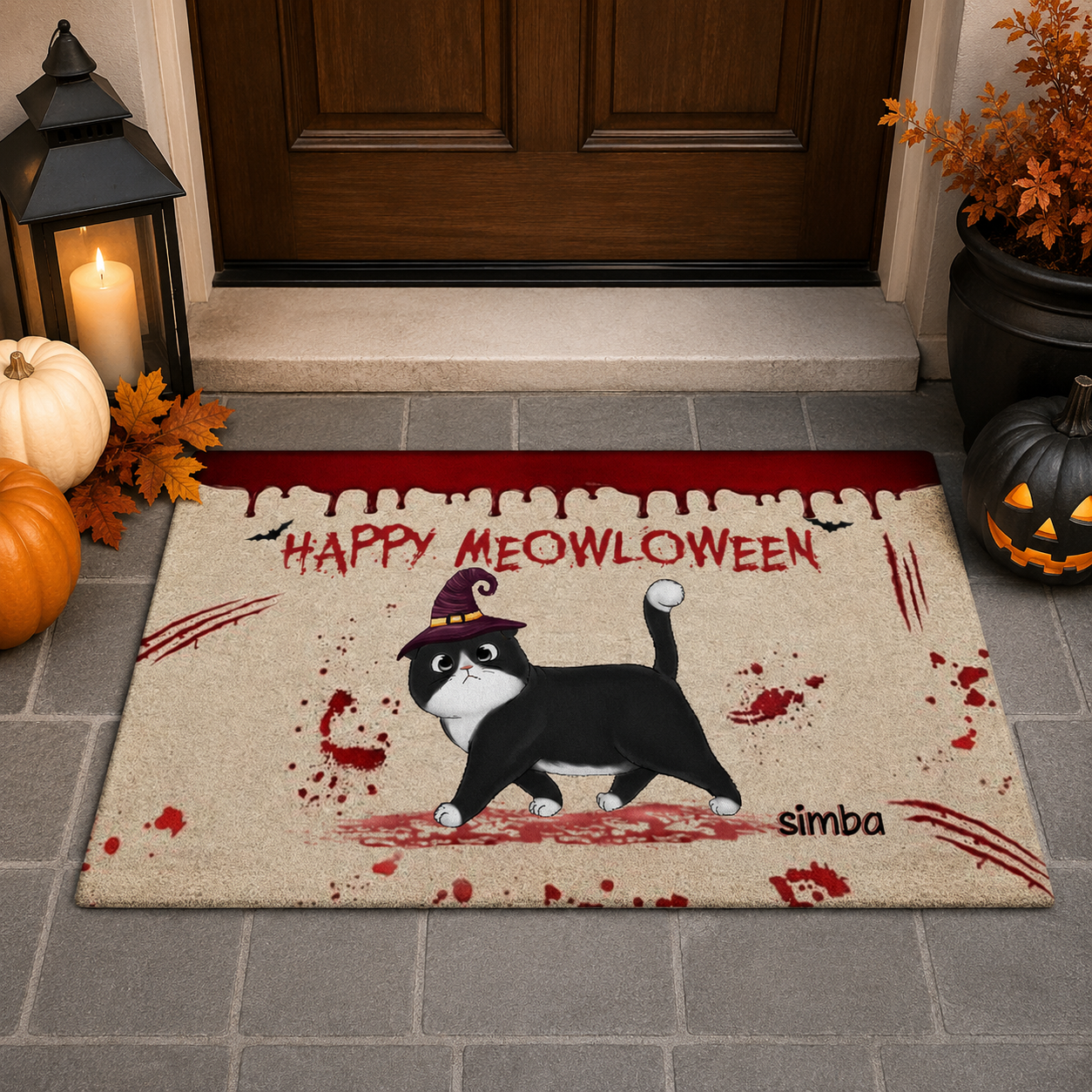Happy Meowloween Spooky Walking Cat - Personalized Doormat