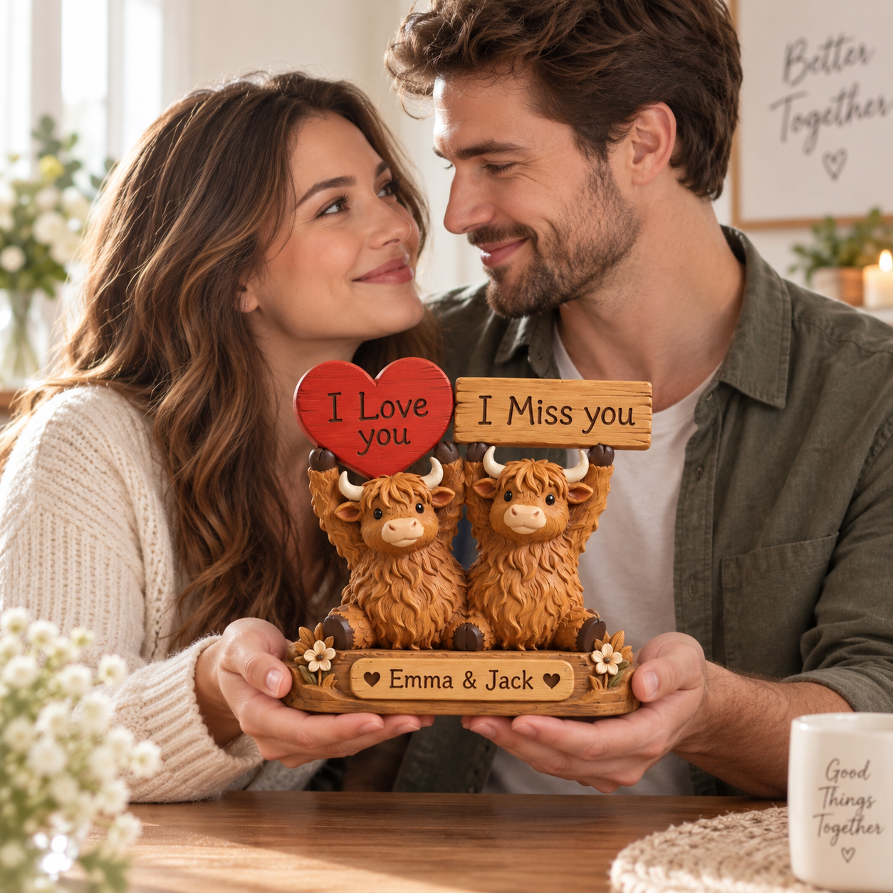 Personalized Highland Cow Couple With Custom Engraved Wooden Plaque, Anniversary Keepsake Gift For Couples