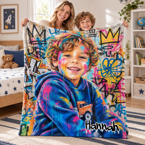 Personalized Street Graffiti Ink Splattered Art Style Photo Soft Throw Blanket with Name Room Decor Birthday Christmas Gift for Family Friends