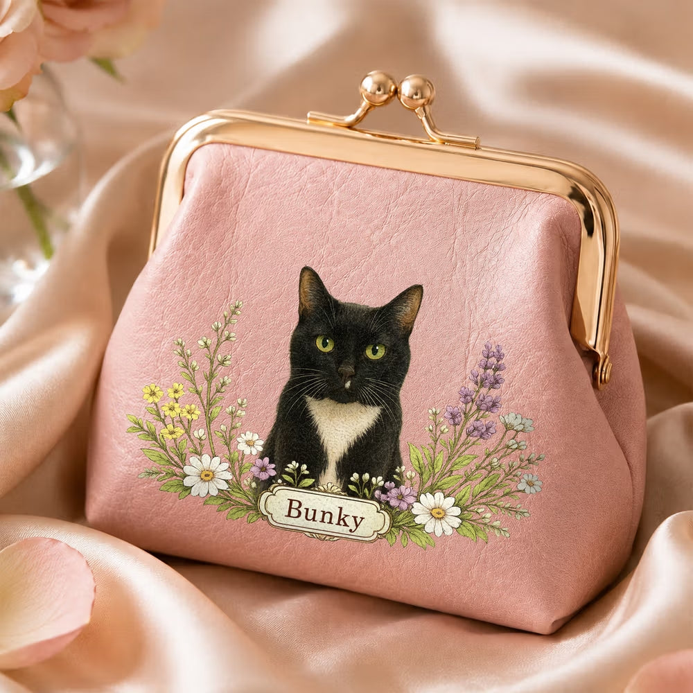 Personalized Floral Pet Photo Portable PU Leather Coin Purse with Name and Kiss Lock Travel Essential Birthday Gift for Dog Cat Pet Owner Lovers