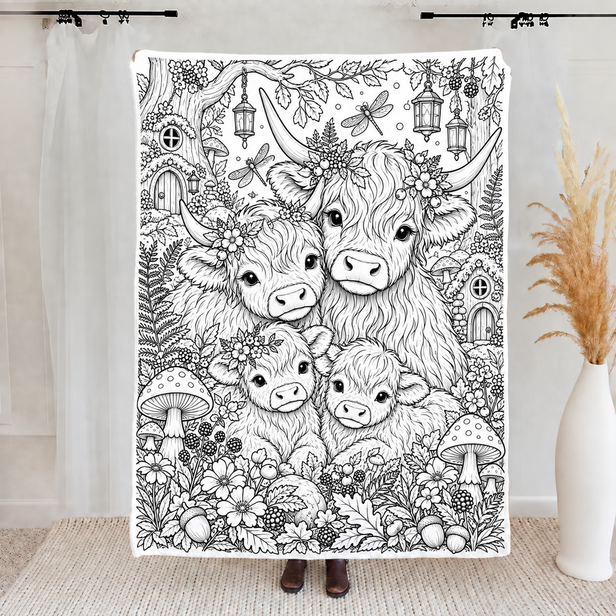 Highland Cow Coloring Blanket, DIY Doodle Fleece Throw Blanket, Custom Color Your Own Highland Cow Themed Blanket, Creative Craft Gift For Cow Lovers, Adults & Kids