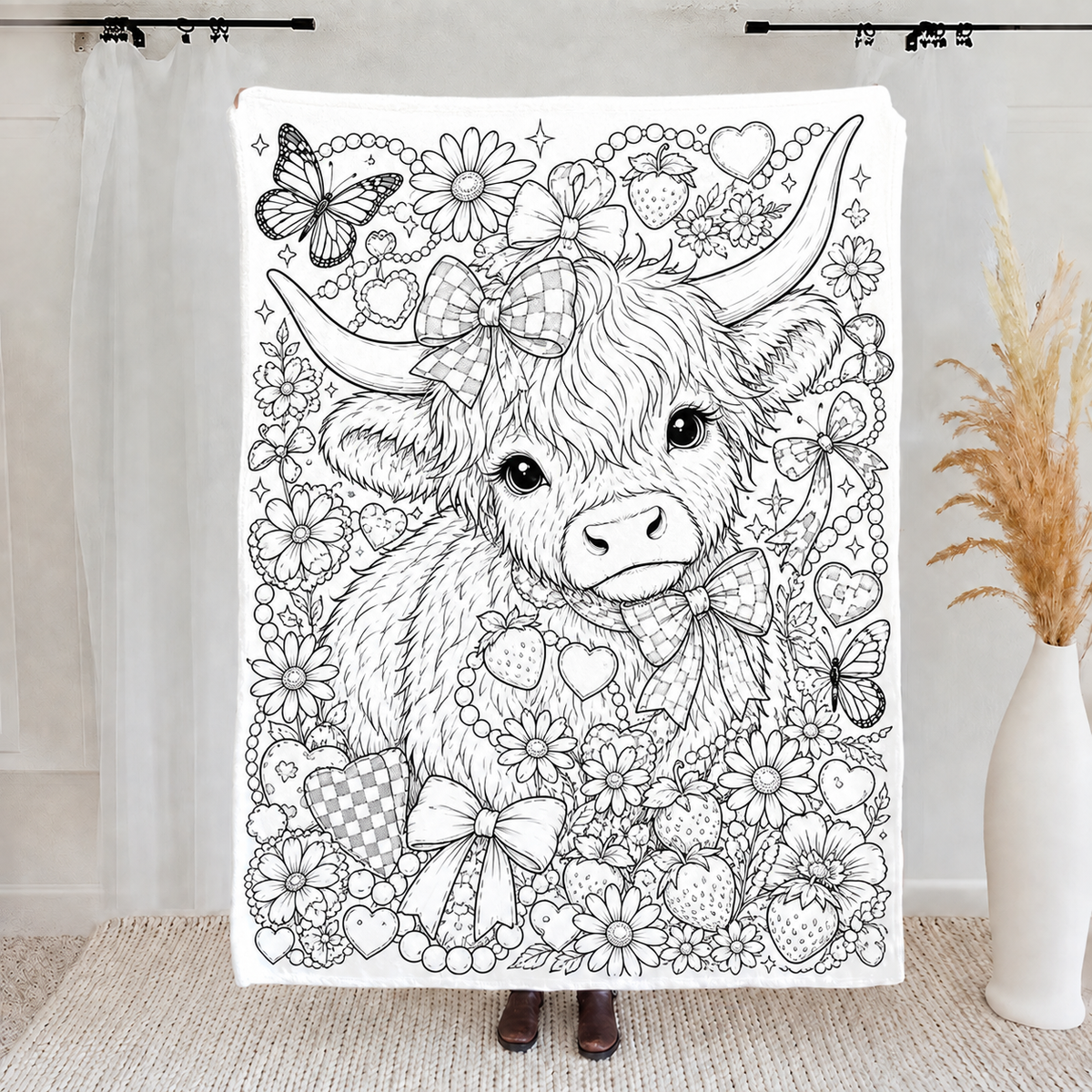 Highland Cow Coloring Blanket, DIY Doodle Fleece Throw Blanket, Custom Color Your Own Highland Cow Themed Blanket, Creative Craft Gift For Cow Lovers, Adults & Kids