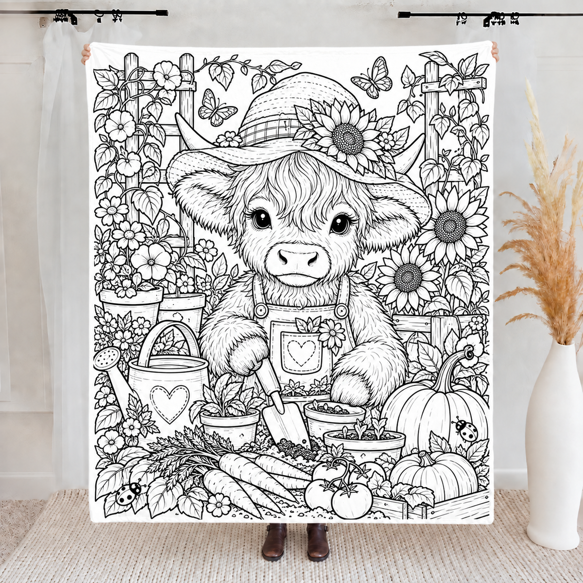 Highland Cow Coloring Blanket, DIY Doodle Fleece Throw Blanket, Custom Color Your Own Highland Cow Themed Blanket, Creative Craft Gift For Cow Lovers, Adults & Kids