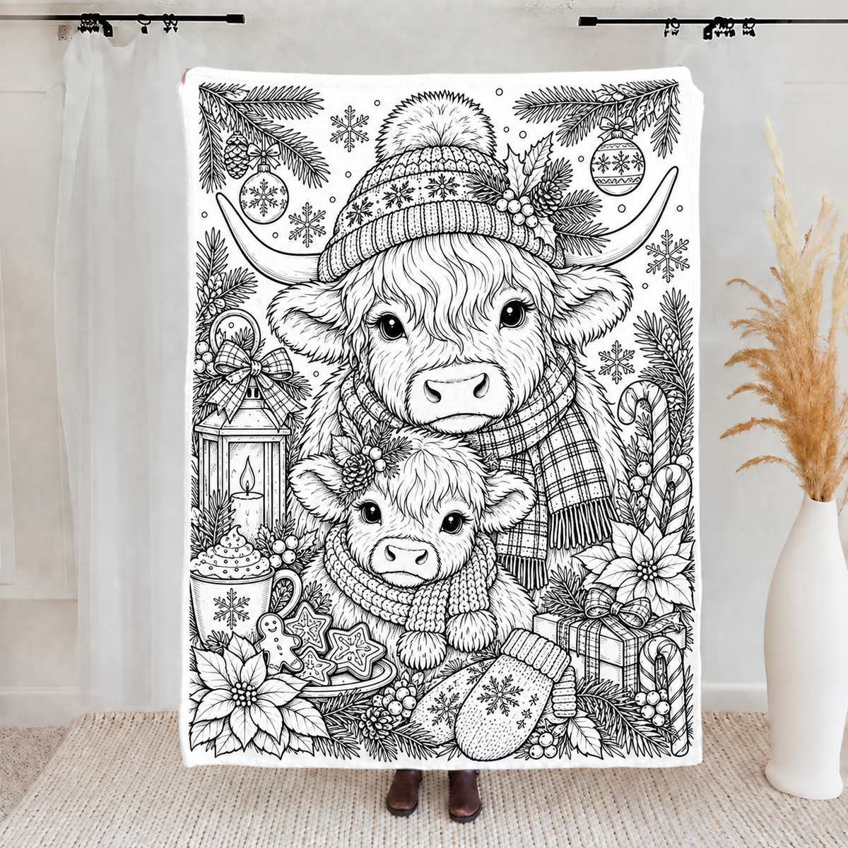 Highland Cow Coloring Blanket, DIY Doodle Fleece Throw Blanket, Custom Color Your Own Highland Cow Themed Blanket, Creative Craft Gift For Cow Lovers, Adults & Kids
