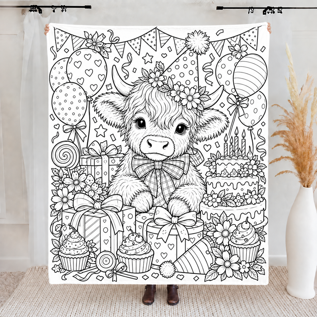 Highland Cow Coloring Blanket, DIY Doodle Fleece Throw Blanket, Custom Color Your Own Highland Cow Themed Blanket, Creative Craft Gift For Cow Lovers, Adults & Kids