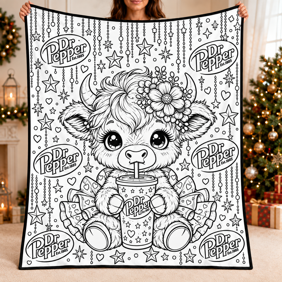 Highland Cow Dr Pepper Coloring Blanket, DIY Color Your Own Blanket, Cute Cow Soda Themed Throw Blanket, Creative Art Gift for Cow and Soda Lovers