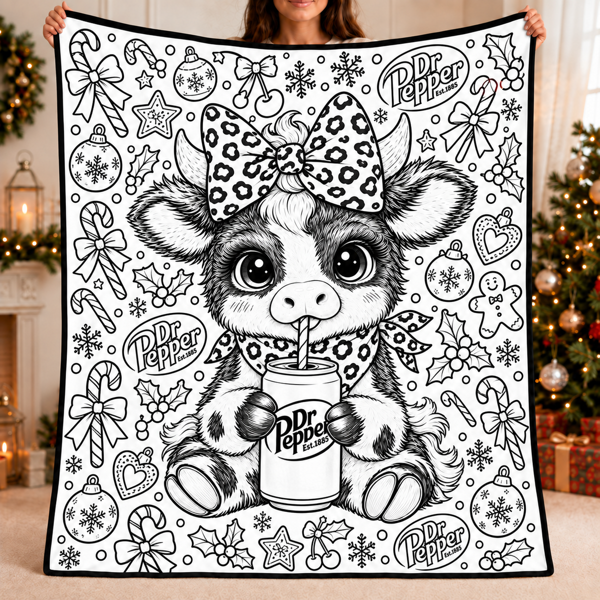 Highland Cow Dr Pepper Coloring Blanket, DIY Color Your Own Blanket, Cute Cow Soda Themed Throw Blanket, Creative Art Gift for Cow and Soda Lovers