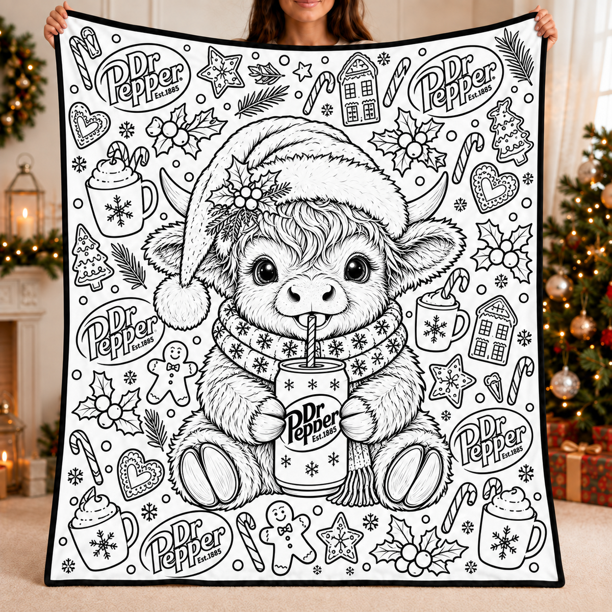 Highland Cow Dr Pepper Coloring Blanket, DIY Color Your Own Blanket, Cute Cow Soda Themed Throw Blanket, Creative Art Gift for Cow and Soda Lovers
