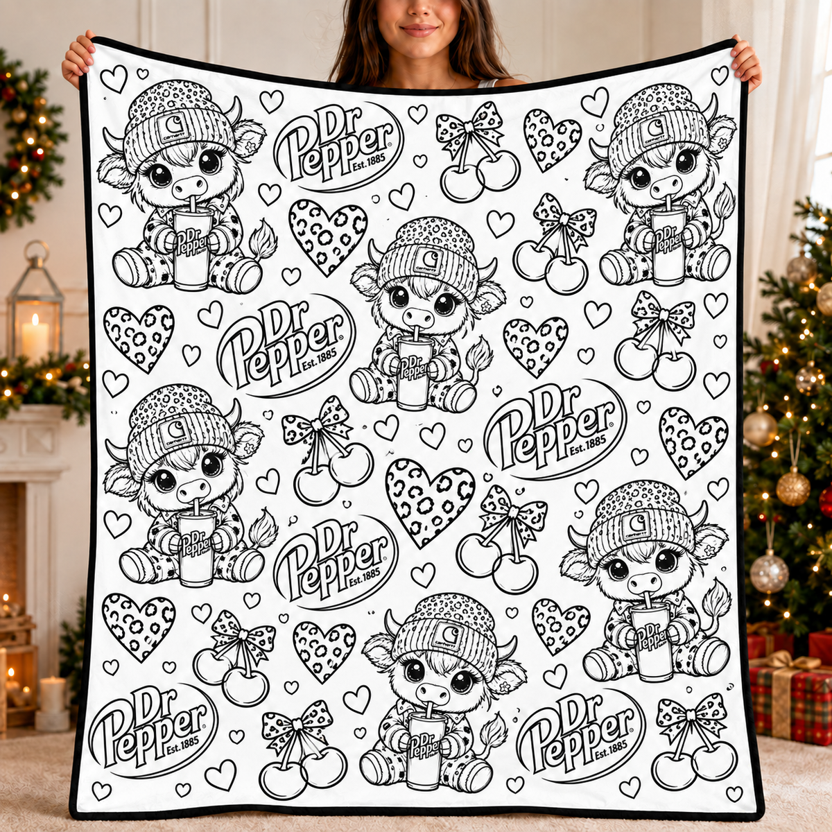 Highland Cow Dr Pepper Coloring Blanket, DIY Color Your Own Blanket, Cute Cow Soda Themed Throw Blanket, Creative Art Gift for Cow and Soda Lovers