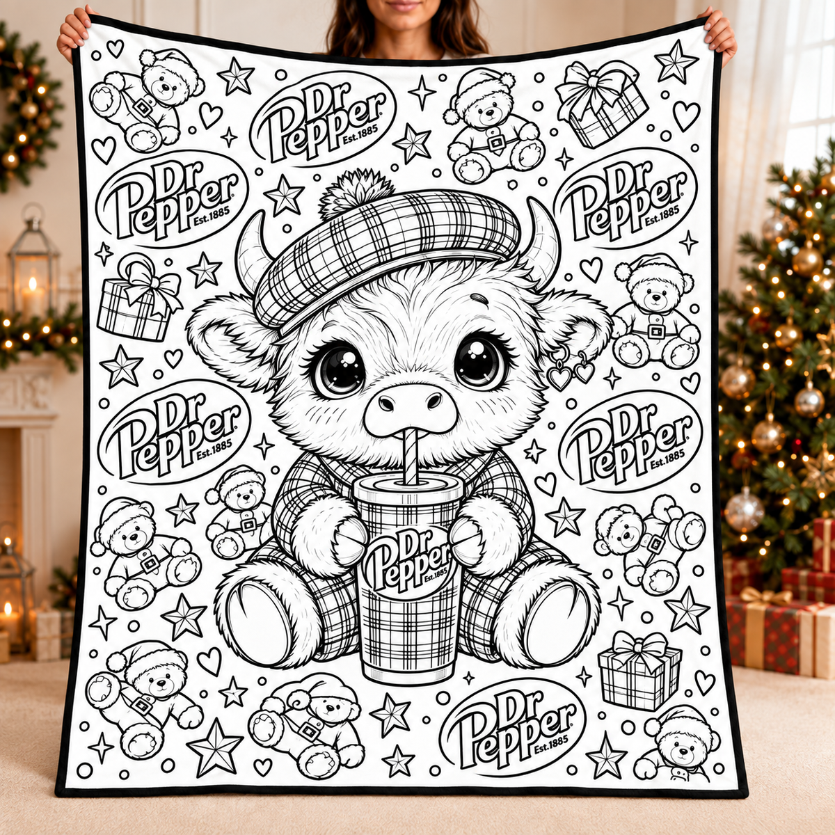 Highland Cow Dr Pepper Coloring Blanket, DIY Color Your Own Blanket, Cute Cow Soda Themed Throw Blanket, Creative Art Gift for Cow and Soda Lovers