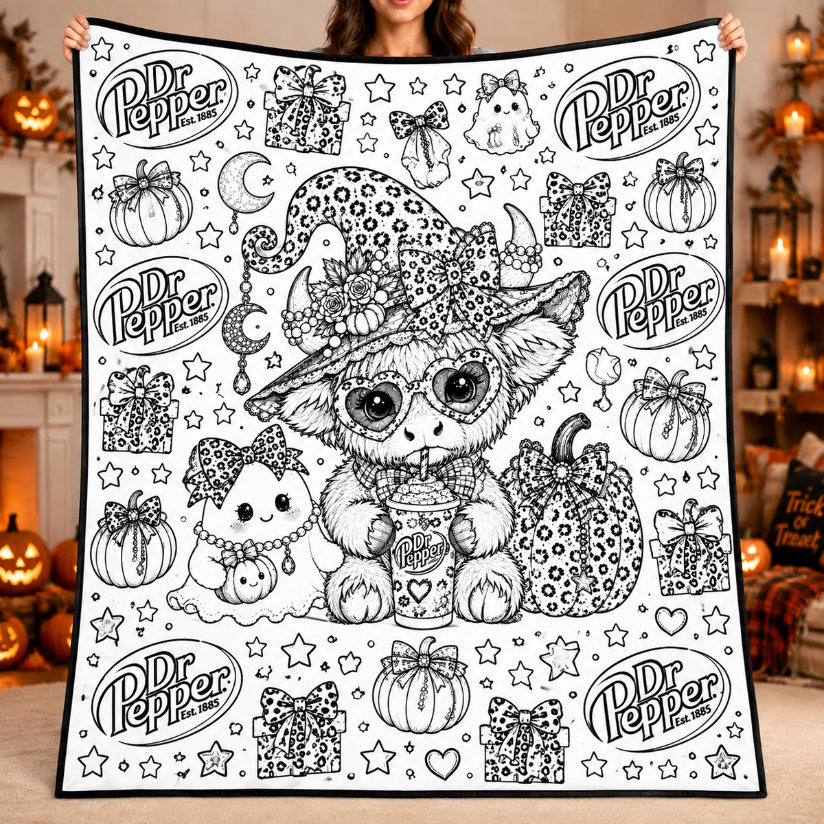 Highland Cow Dr Pepper Coloring Blanket, DIY Color Your Own Blanket, Cute Cow Soda Themed Throw Blanket, Creative Art Gift for Cow and Soda Lovers
