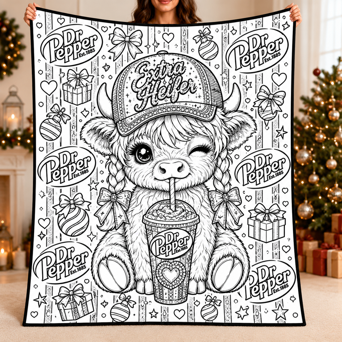 Highland Cow Dr Pepper Coloring Blanket, DIY Color Your Own Blanket, Cute Cow Soda Themed Throw Blanket, Creative Art Gift for Cow and Soda Lovers