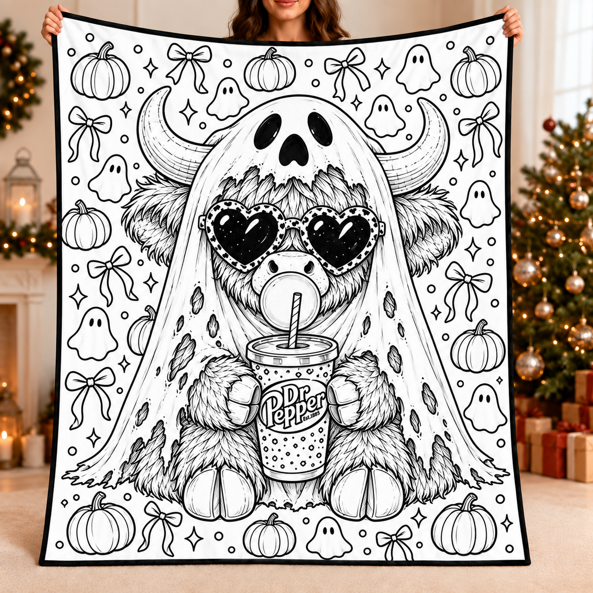 Highland Cow Dr Pepper Coloring Blanket, DIY Color Your Own Blanket, Cute Cow Soda Themed Throw Blanket, Creative Art Gift for Cow and Soda Lovers