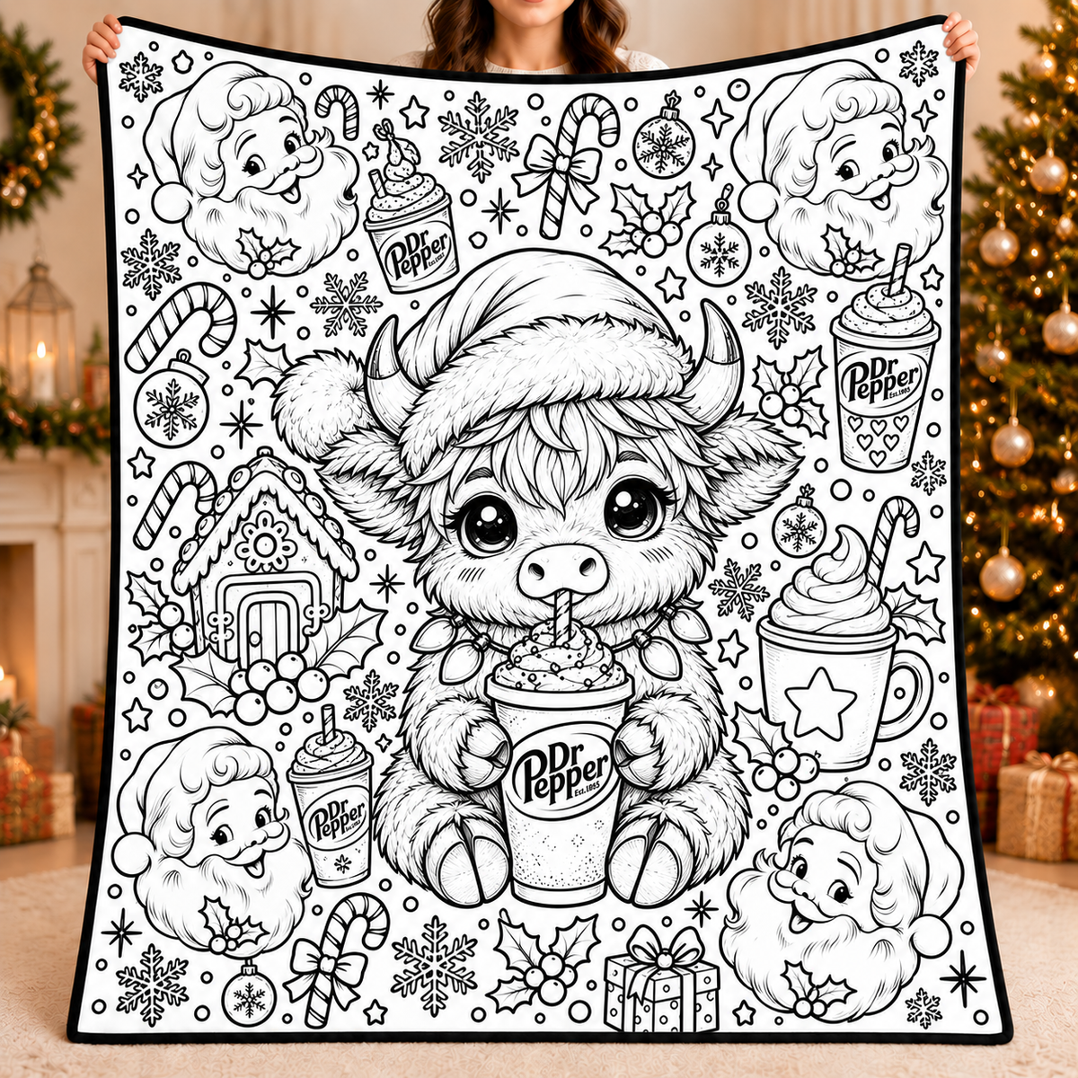 Highland Cow Dr Pepper Coloring Blanket, DIY Color Your Own Blanket, Cute Cow Soda Themed Throw Blanket, Creative Art Gift for Cow and Soda Lovers