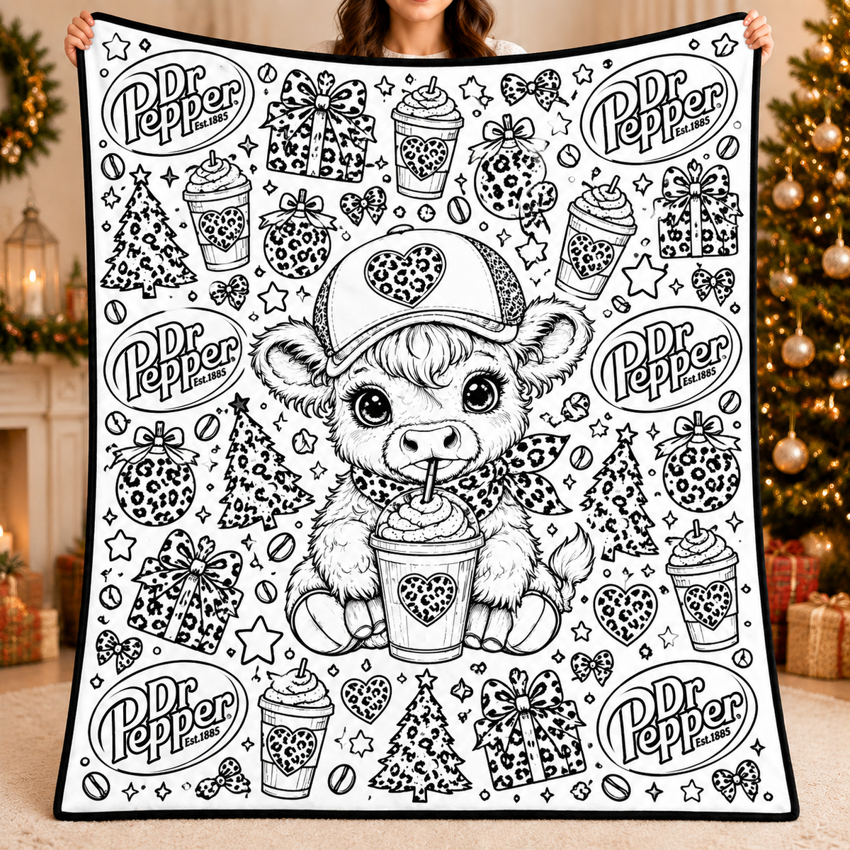Highland Cow Dr Pepper Coloring Blanket, DIY Color Your Own Blanket, Cute Cow Soda Themed Throw Blanket, Creative Art Gift for Cow and Soda Lovers