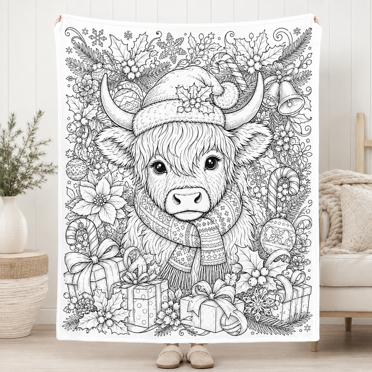 Highland Cow Coloring Blanket, DIY Doodle Fleece Throw Blanket, Custom Color Your Own Highland Cow Themed Blanket, Creative Craft Gift For Cow Lovers, Adults & Kids