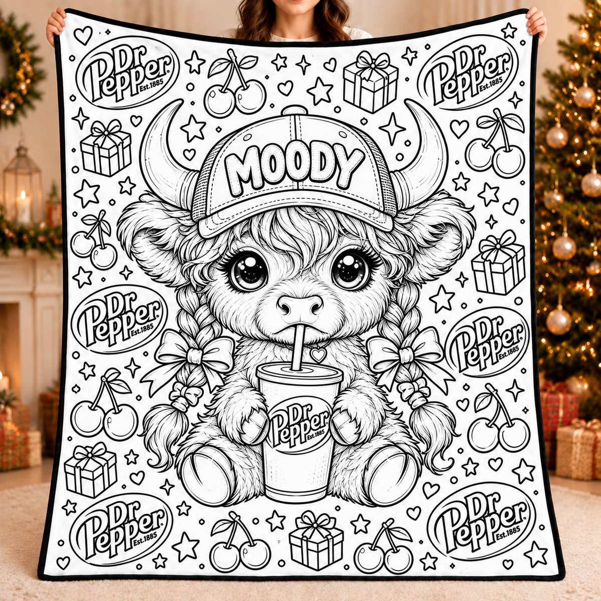 Highland Cow Dr Pepper Coloring Blanket, DIY Color Your Own Blanket, Cute Cow Soda Themed Throw Blanket, Creative Art Gift for Cow and Soda Lovers