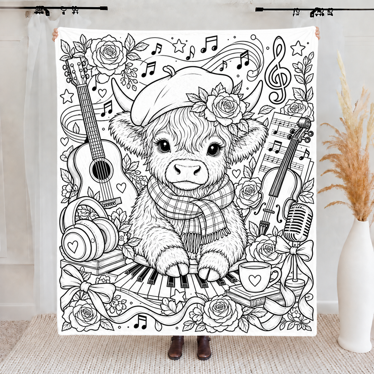 Highland Cow Coloring Blanket, DIY Doodle Fleece Throw Blanket, Custom Color Your Own Highland Cow Themed Blanket, Creative Craft Gift For Cow Lovers, Adults & Kids