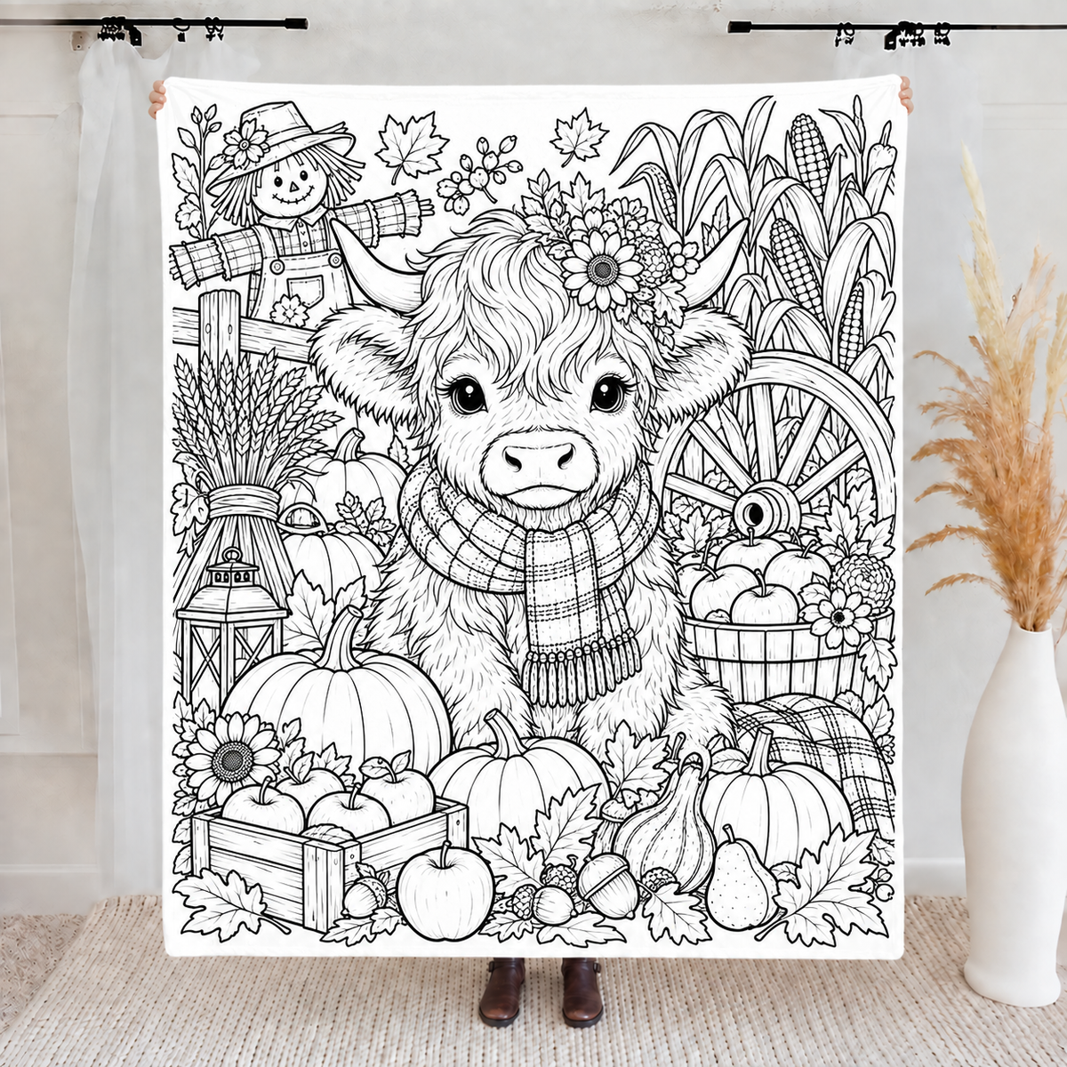 Highland Cow Coloring Blanket, DIY Doodle Fleece Throw Blanket, Custom Color Your Own Highland Cow Themed Blanket, Creative Craft Gift For Cow Lovers, Adults & Kids