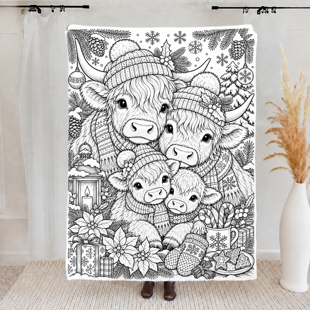 Highland Cow Coloring Blanket, DIY Doodle Fleece Throw Blanket, Custom Color Your Own Highland Cow Themed Blanket, Creative Craft Gift For Cow Lovers, Adults & Kids
