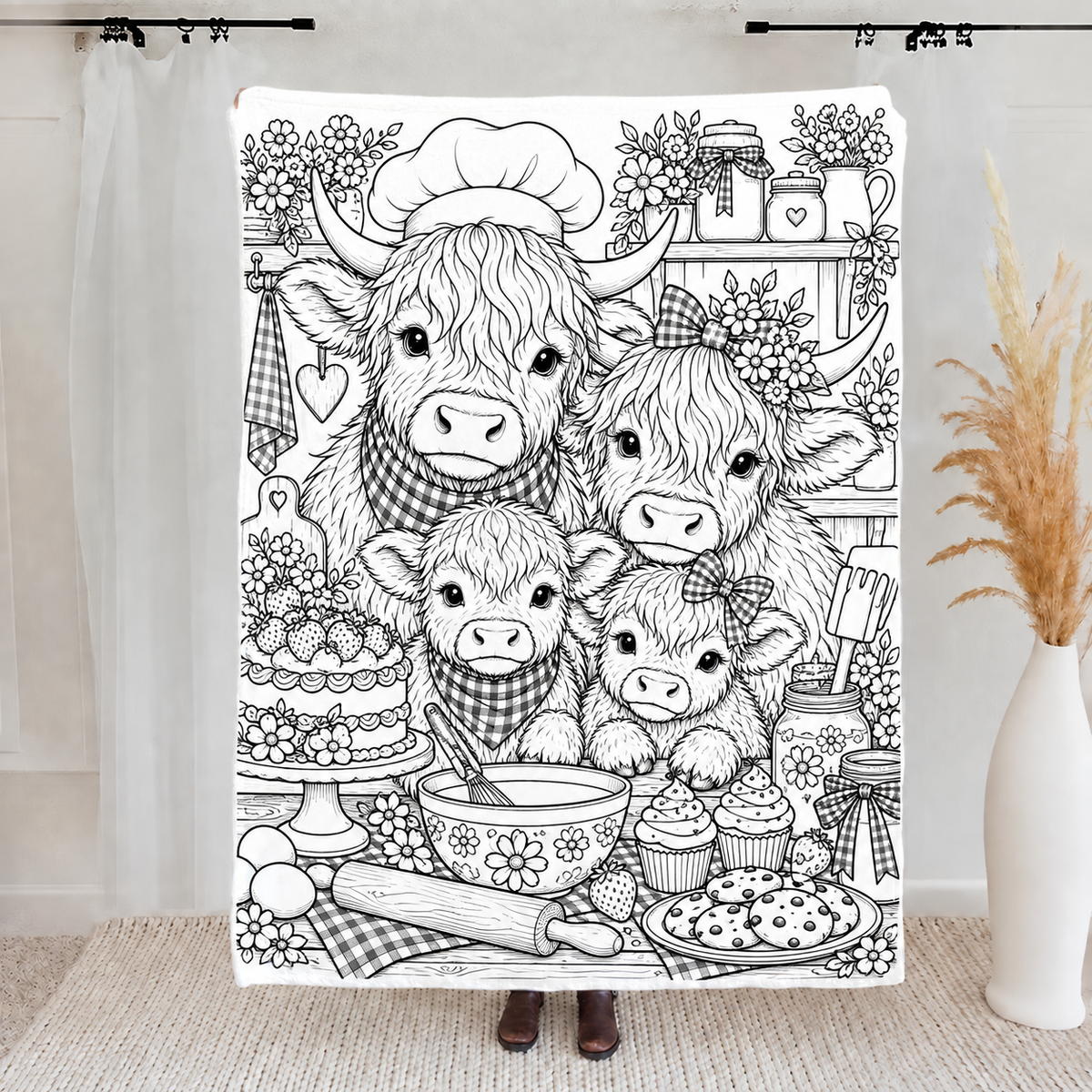 Highland Cow Coloring Blanket, DIY Doodle Fleece Throw Blanket, Custom Color Your Own Highland Cow Themed Blanket, Creative Craft Gift For Cow Lovers, Adults & Kids