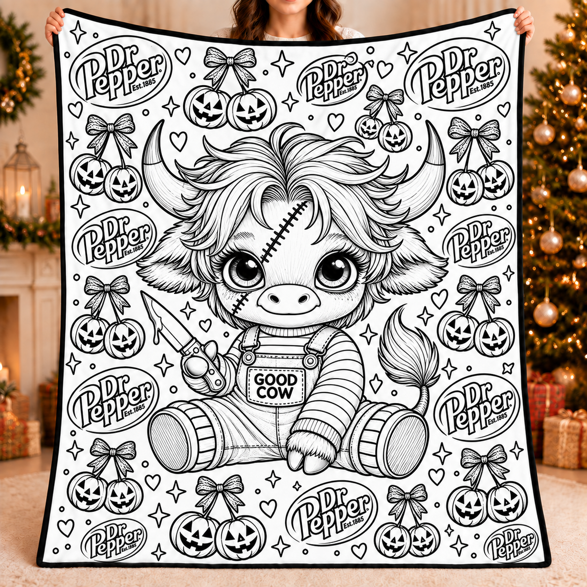 Highland Cow Dr Pepper Coloring Blanket, DIY Color Your Own Blanket, Cute Cow Soda Themed Throw Blanket, Creative Art Gift for Cow and Soda Lovers