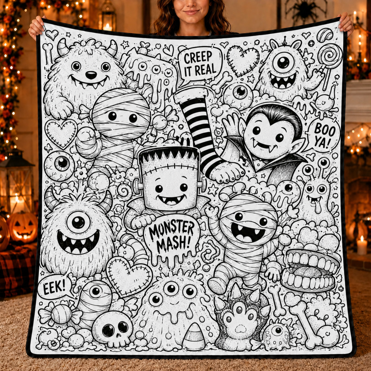 Halloween DIY Coloring Blanket, Black and White Line Art Throw, Ghost Pumpkin Witch Haunted House Coloring Activity Blanket for Kids & Adults, Holiday Gift
