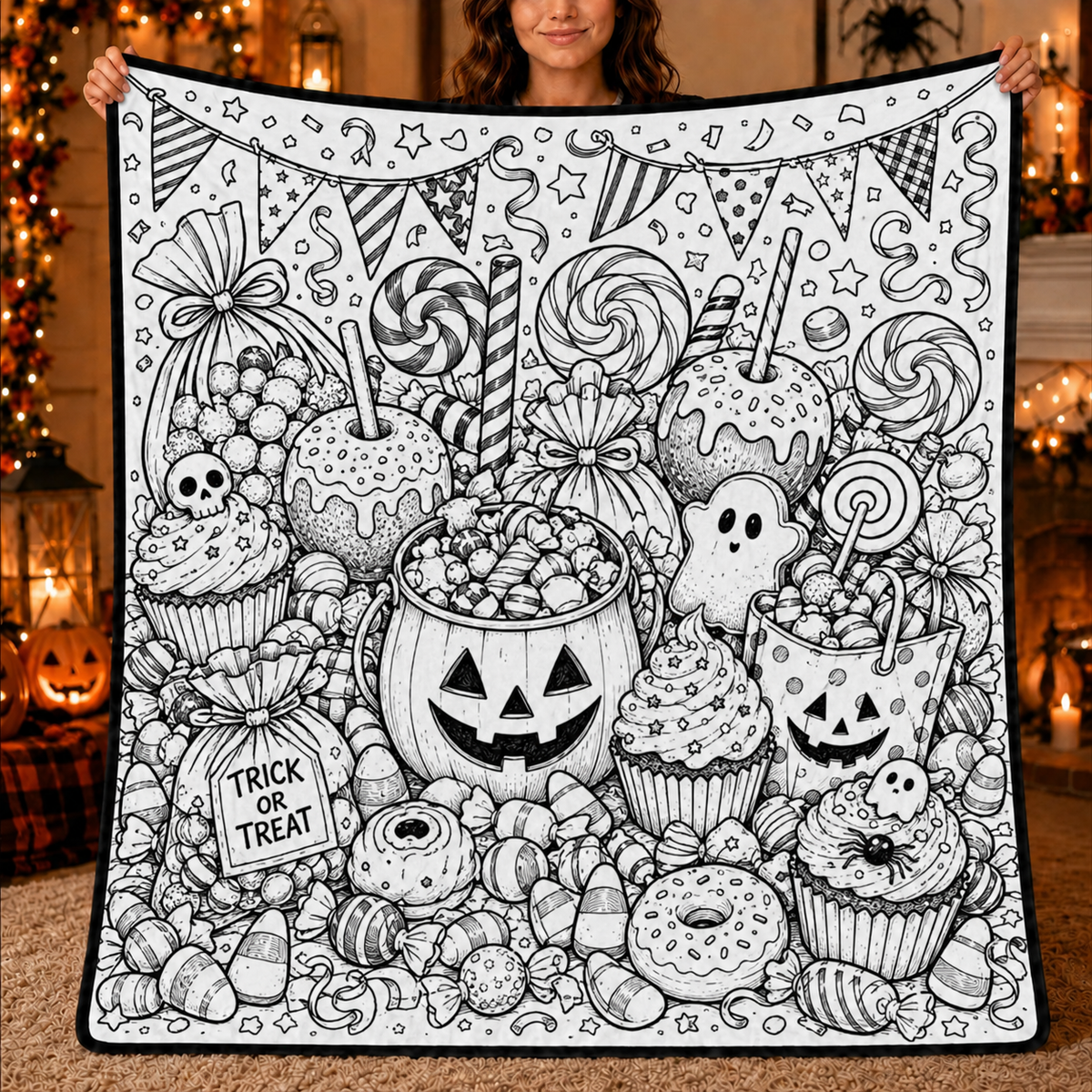 Halloween DIY Coloring Blanket, Black and White Line Art Throw, Ghost Pumpkin Witch Haunted House Coloring Activity Blanket for Kids & Adults, Holiday Gift