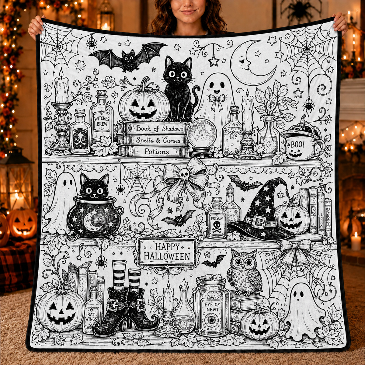 Halloween DIY Coloring Blanket, Black and White Line Art Throw, Ghost Pumpkin Witch Haunted House Coloring Activity Blanket for Kids & Adults, Holiday Gift