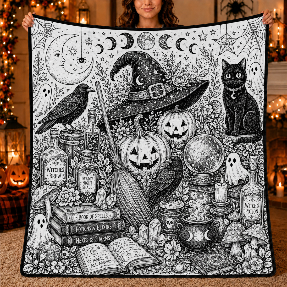 Halloween DIY Coloring Blanket, Black and White Line Art Throw, Ghost Pumpkin Witch Haunted House Coloring Activity Blanket for Kids & Adults, Holiday Gift