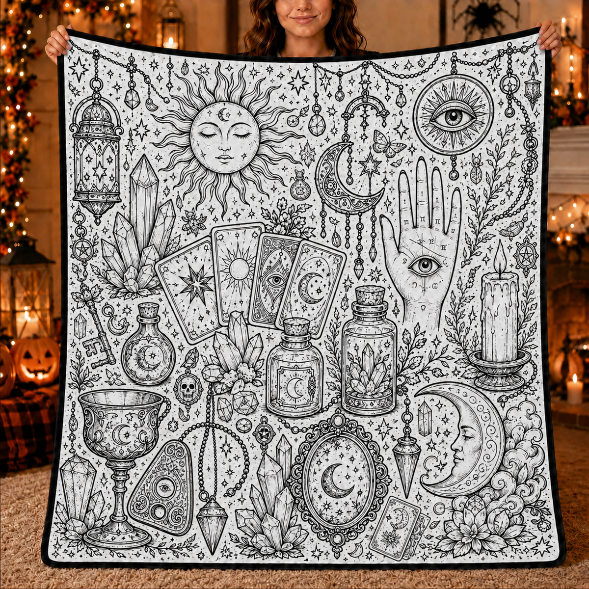 Halloween DIY Coloring Blanket, Black and White Line Art Throw, Ghost Pumpkin Witch Haunted House Coloring Activity Blanket for Kids & Adults, Holiday Gift