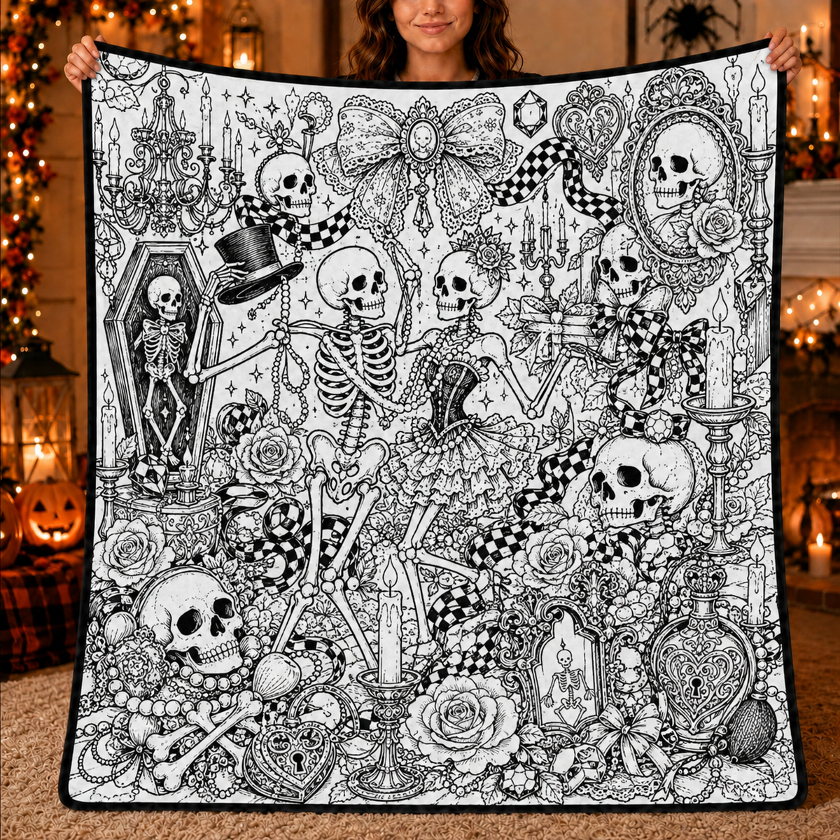 Halloween DIY Coloring Blanket, Black and White Line Art Throw, Ghost Pumpkin Witch Haunted House Coloring Activity Blanket for Kids & Adults, Holiday Gift