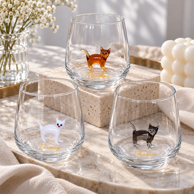 Custom Name Murano Glass Cat Tumbler, Hand Blown Stemless Wine Glass, Cute 3D Cat Sculpture Inside, Unique Gift for Her