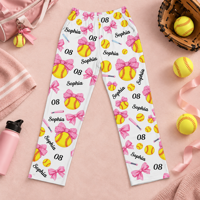 Custom Softball Lounge Pants, Coquette Bow Design Personalized with Name & Jersey Number, Unique Team Apparel Gift For Softball Athlete