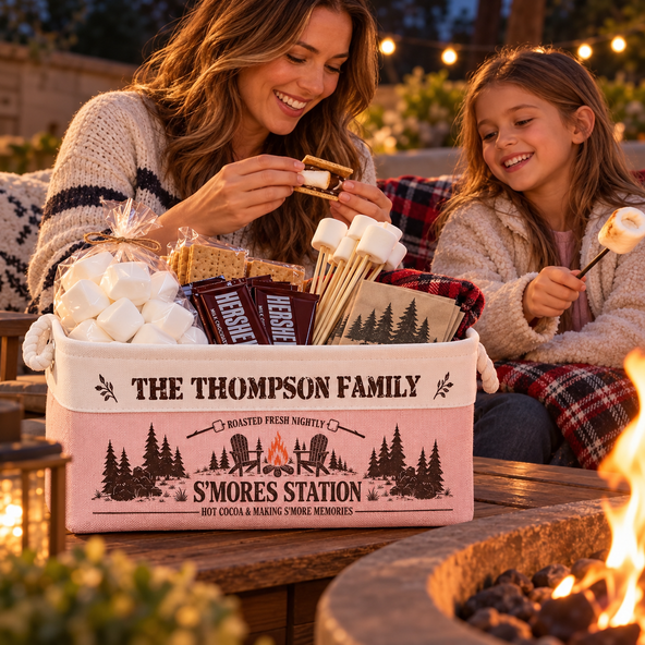 Personalized Family S'mores Station Basket, Campfire S'mores Storage Bin, Camping Fire Pit Accessory, Custom Camping Gift