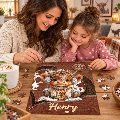 Personalized Highland Cow Puzzle, Custom Name Leopard Bow Highland Cow Soft Drink Jigsaw Puzzle, Gift For Highland Cow Lover
