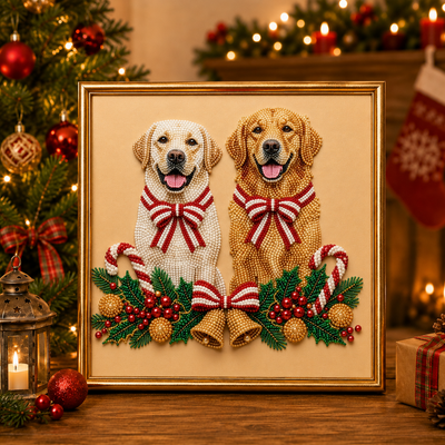 Personalized Pet 3D Pearl Art DIY Kit – Custom Photo Candy Cane Bow Portrait for Christmas Home Decor & Pet Lover Gifts