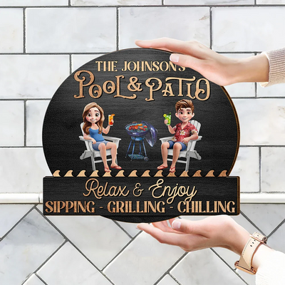 Couple Poolside Paradise Relax Enjoy - Personalized Custom Shaped Wood Sign